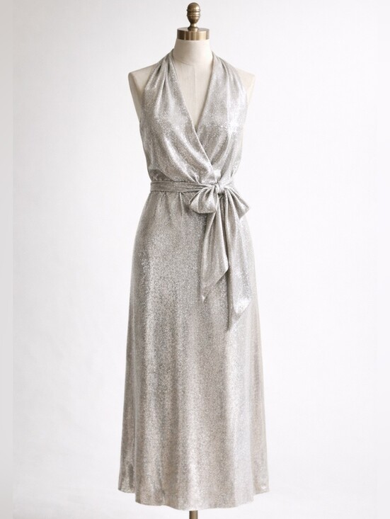 Lauren Ralph Lauren Dresses & Skirts - Lauren Ralph Lauren Silver Metallic Wrap Dress | Sleeveless Evening Gown SIZE 2
